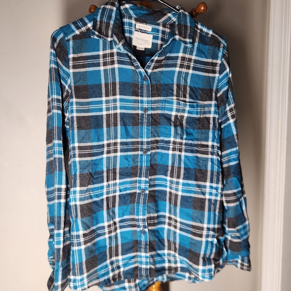 American Eagle Blue/Black Plaid Shirt XS – Good Condition, Check Details